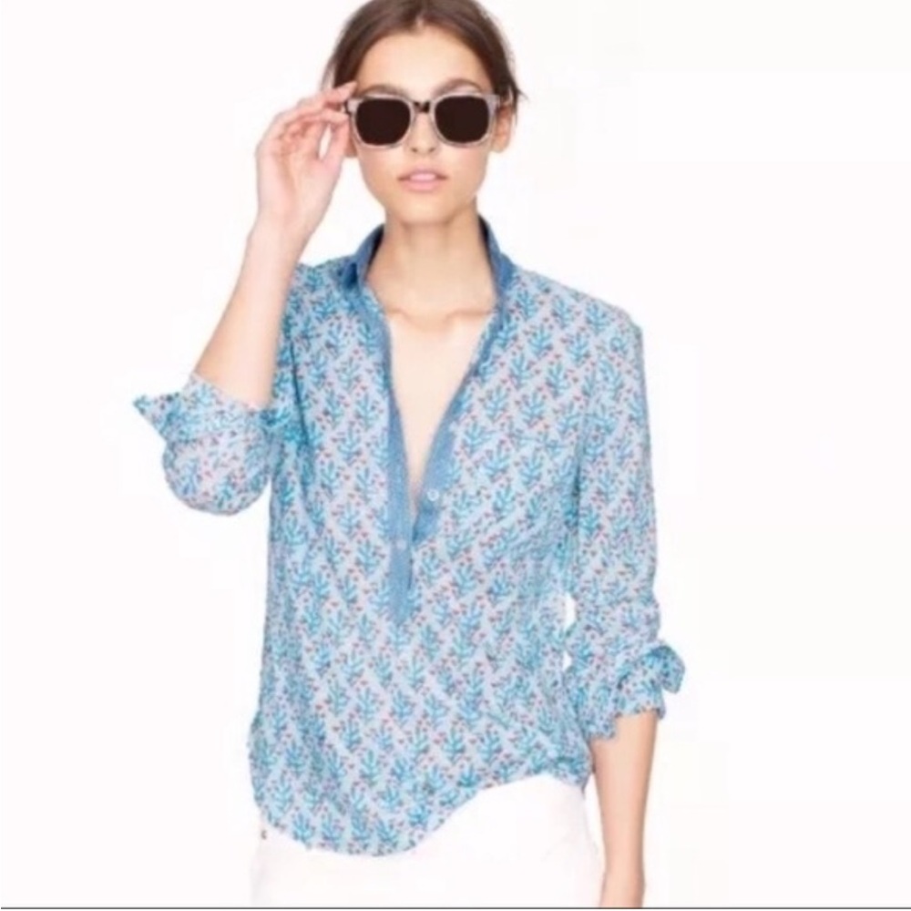 J. Crew Popover Blouse Coral Block Print Womens 6 Lightweight Spring Indian Blue